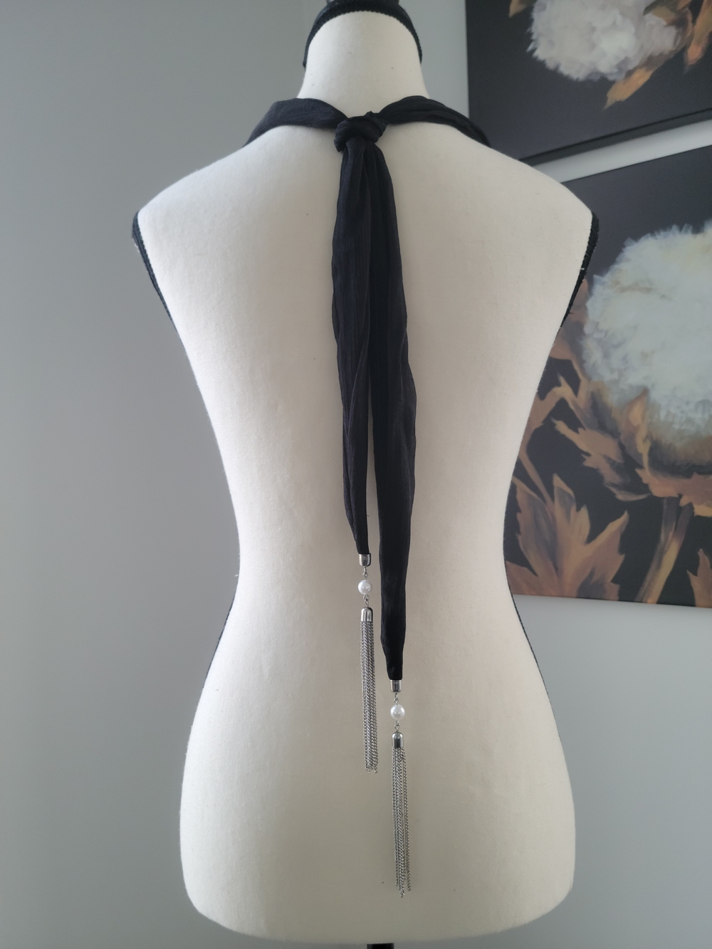 Sheer Black Scarf With Beading, Bobble And Chain Detail